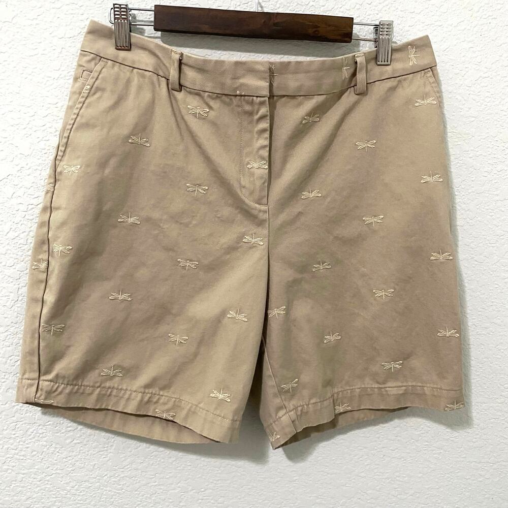 Talbots Dragonfly Embroidered Khaki Shorts Womens 14P Beige Preppy 7” Inseam